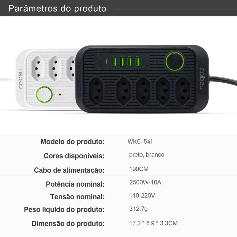 Filtro de Linha | Tomada Elétrica | Tomada USB e USB-C 110V - 220V | COIBEU